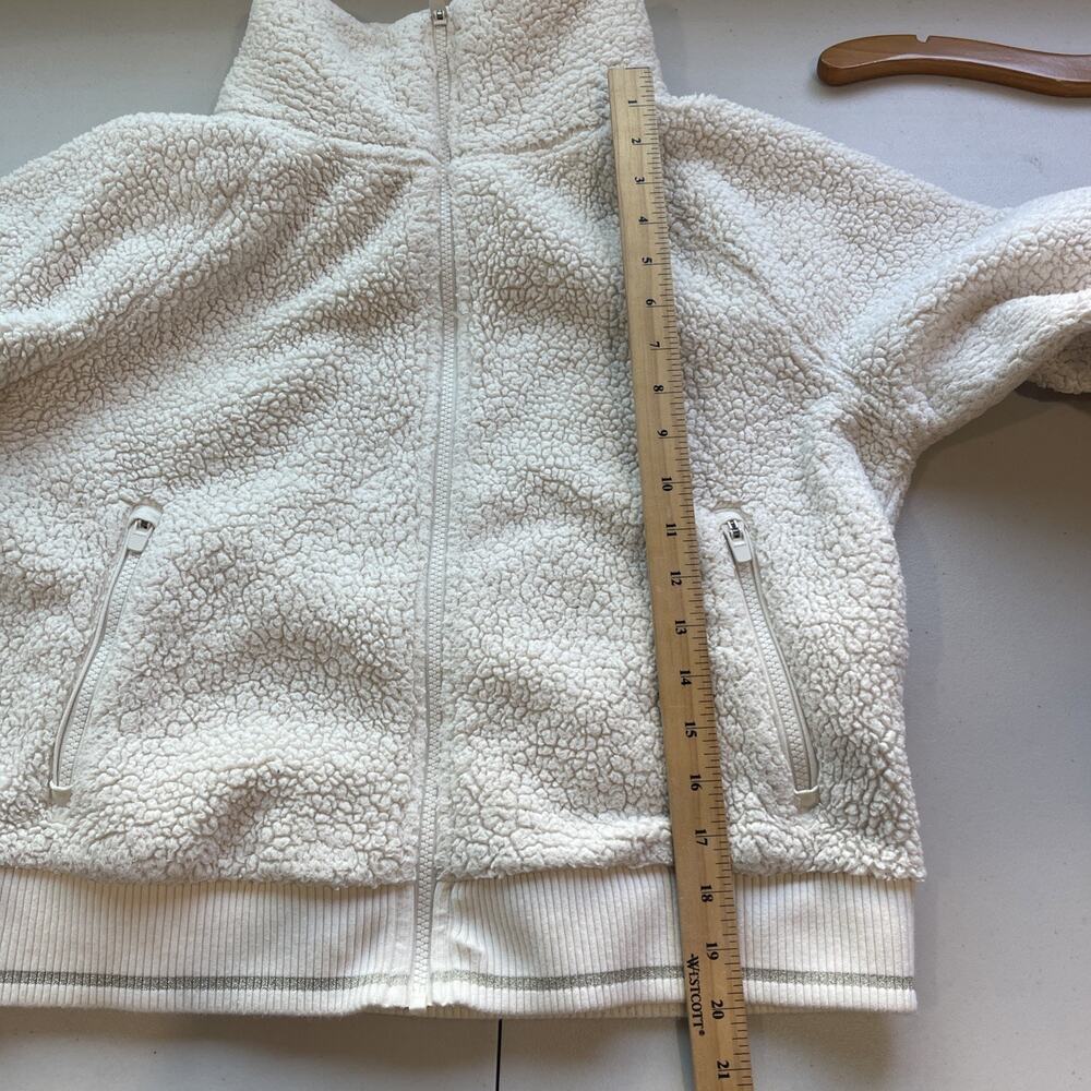 Athleta Women L Crop Sherpa Teddy Jacket Full Zip Mock Neck Cream Thumb Holes - Picture 8 of 10